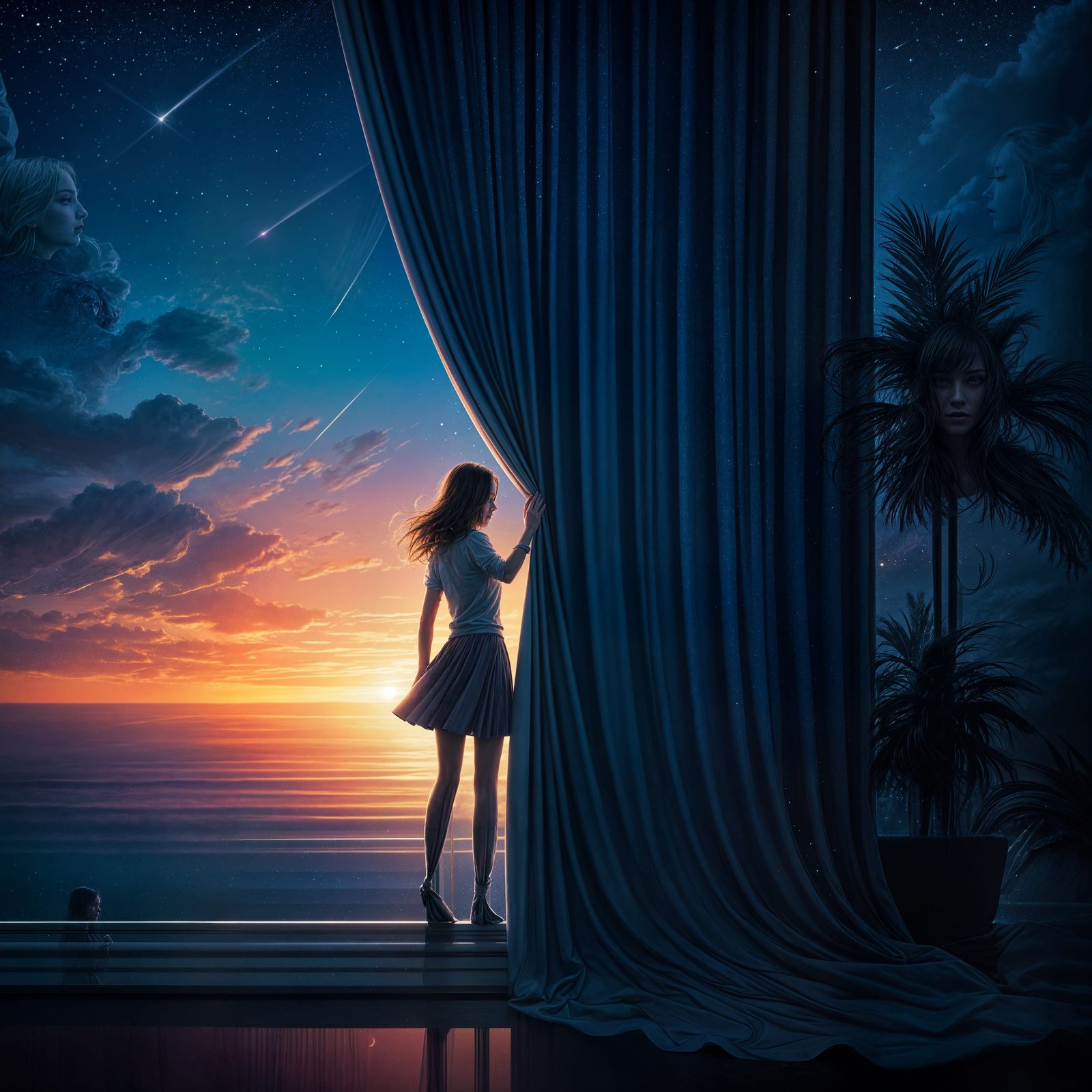 The Girl Unveils Dawn Behind Velvet Nighttime Drapes