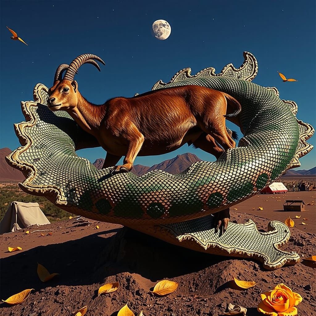 Mythical Chimera Under a Vibrant Sky with Floral Accents