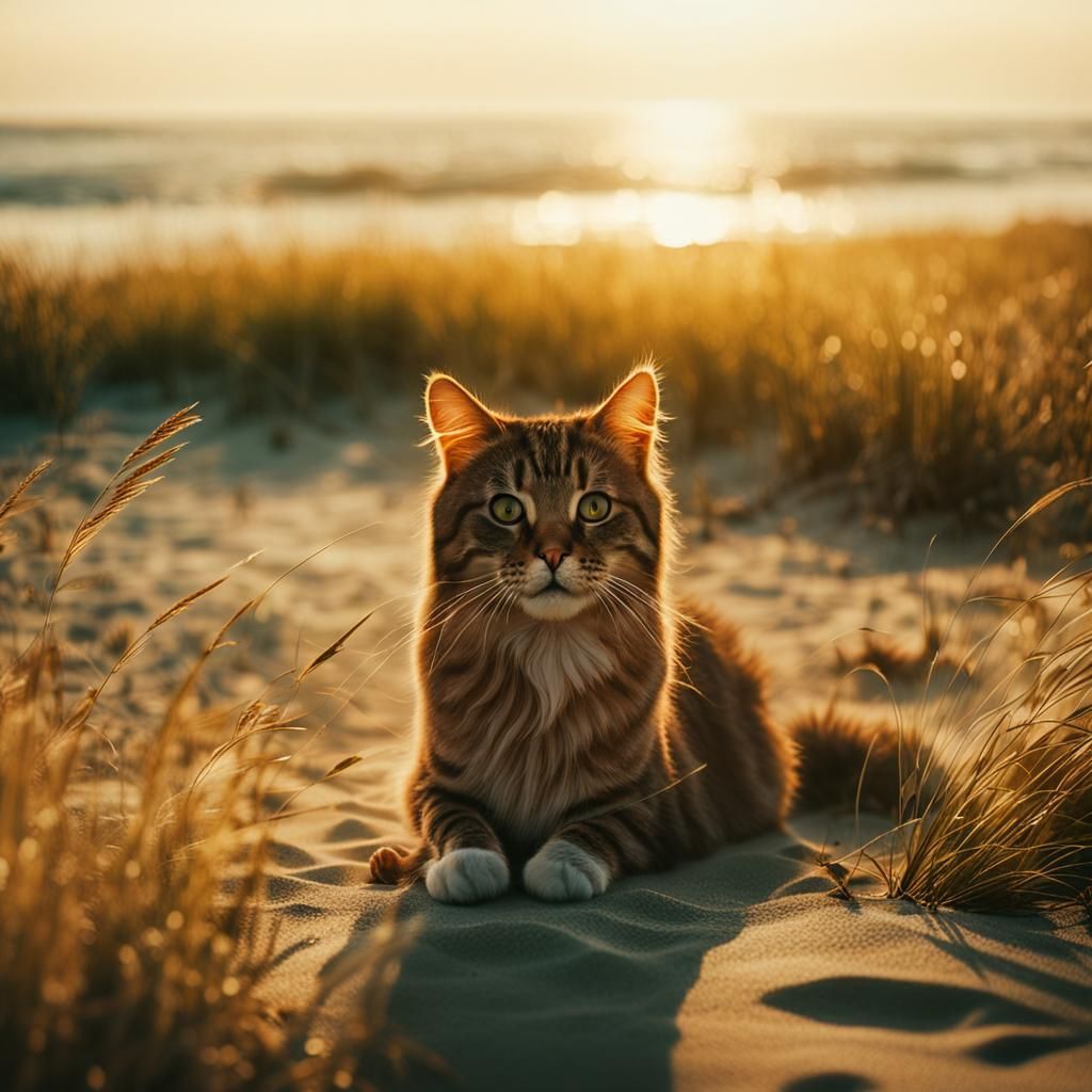 Cat on a Beach at Golden Hour