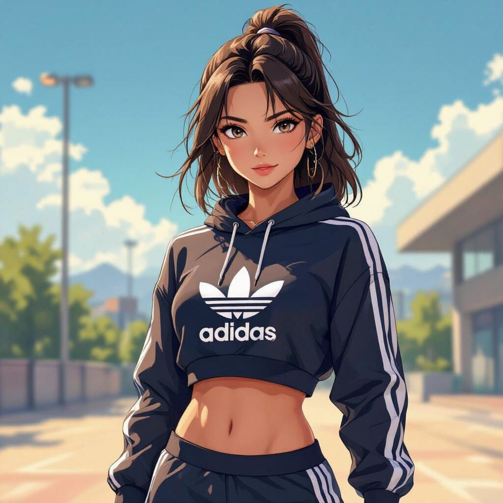 Anime Girl in Adidas Sportswear Training Outdoors