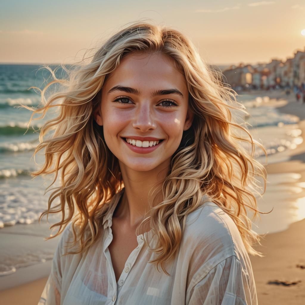 Young Italian Woman Posing on Beach: Digital Art
