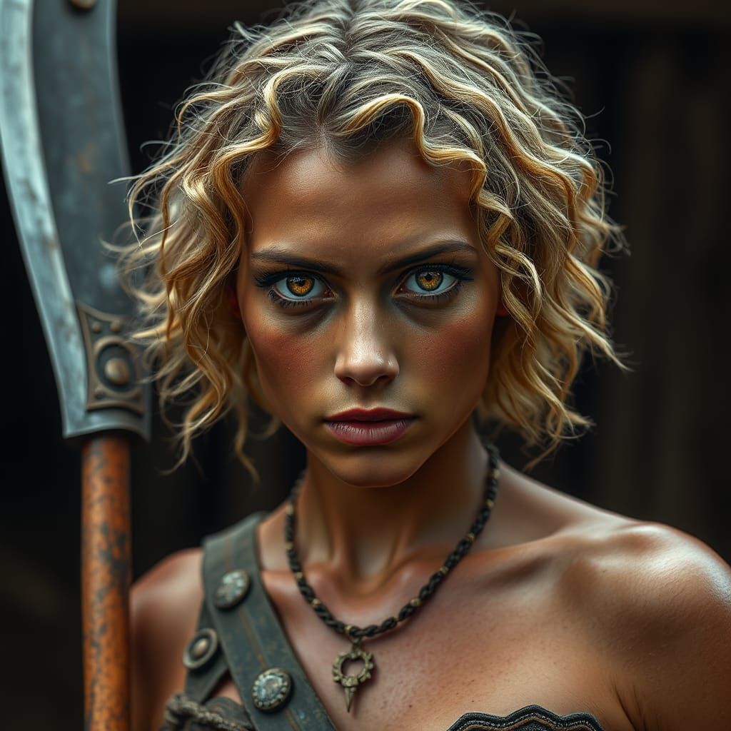 Barbarian Woman with Halberd in Barn Setting