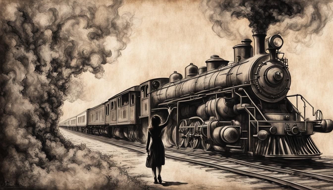 Girl Waving at Train: Charcoal and Ink Steampunk