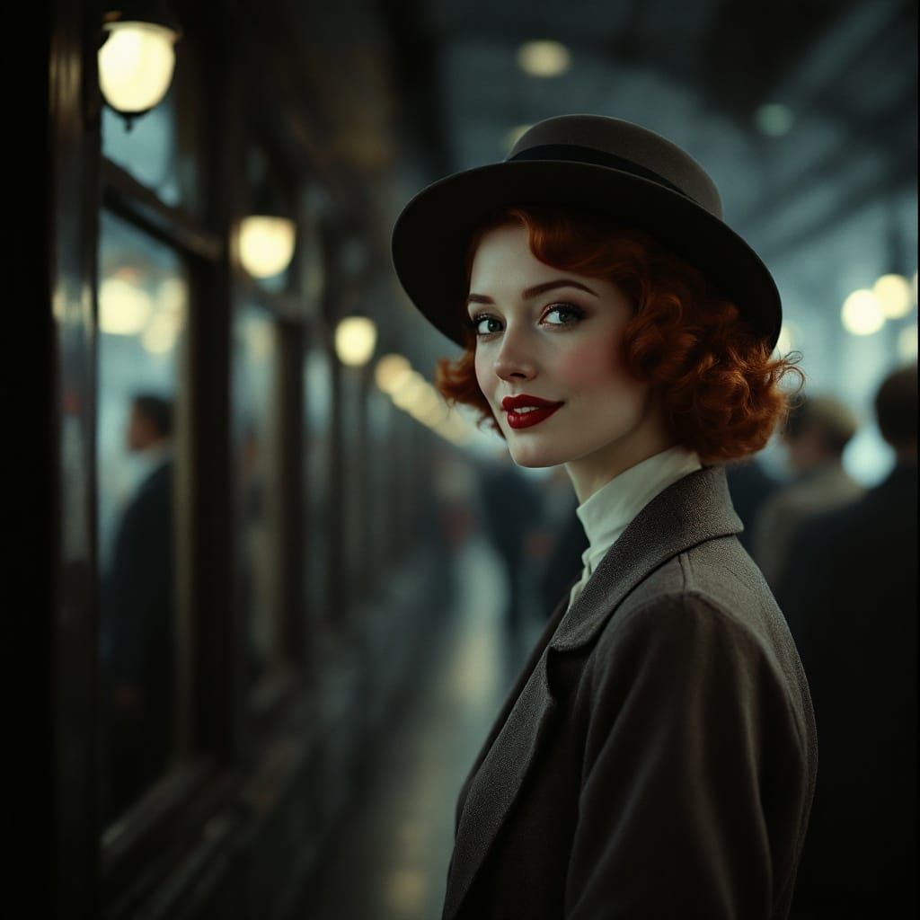 Vintage Lady Disappears into Bustling 1930s Train Station