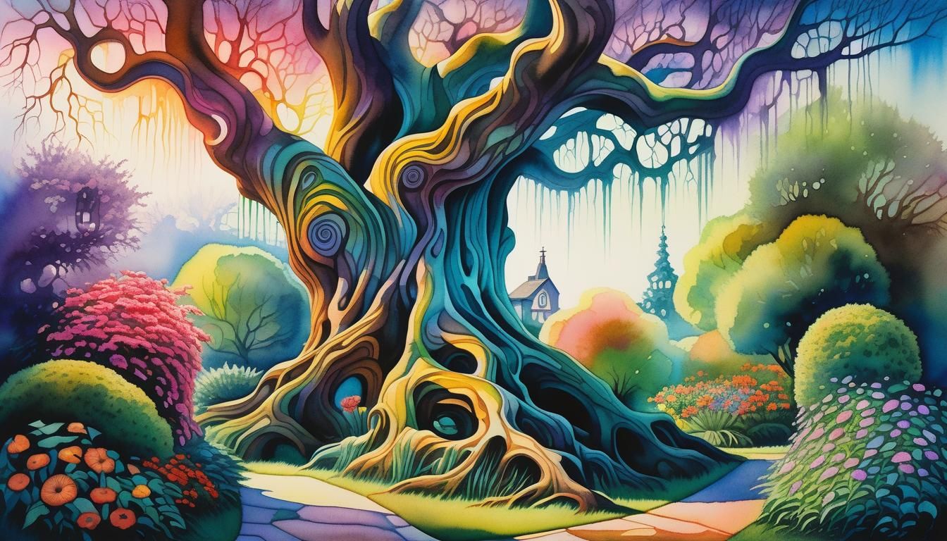 Surreal Garden with Twisted Roots: Watercolor Painting