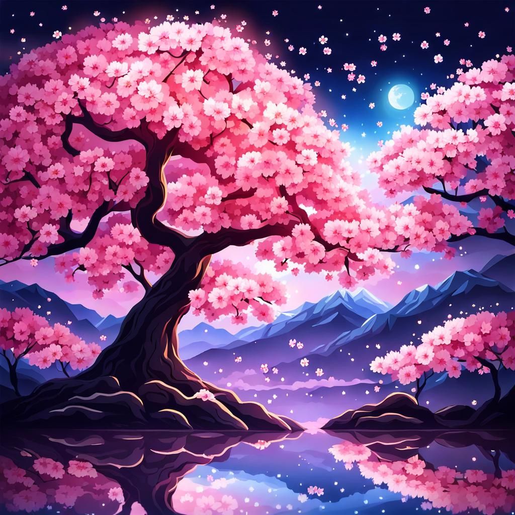 Glowing Sakura Tree in Dreamlike Landscape