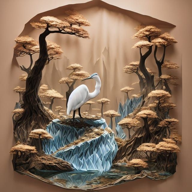 Surreal Paper Heron in Zen Garden Landscape
