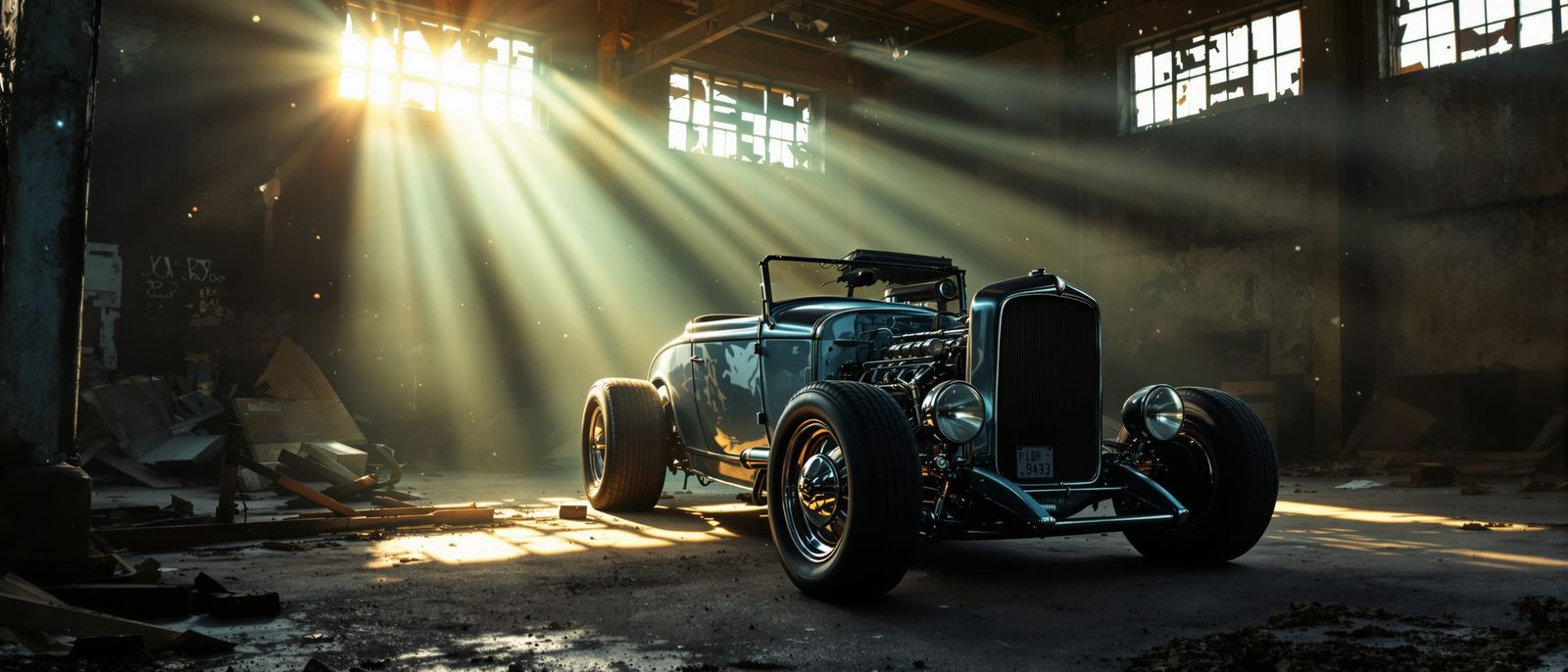 Vintage Hot Rod in Dusty Garage Sunlight