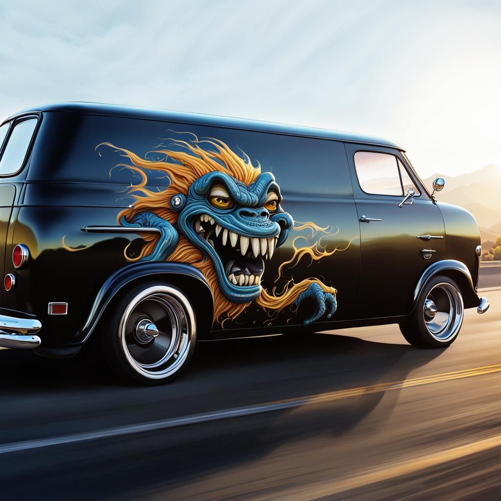 Custom Van on California Highway, in Hot Rod Art Style