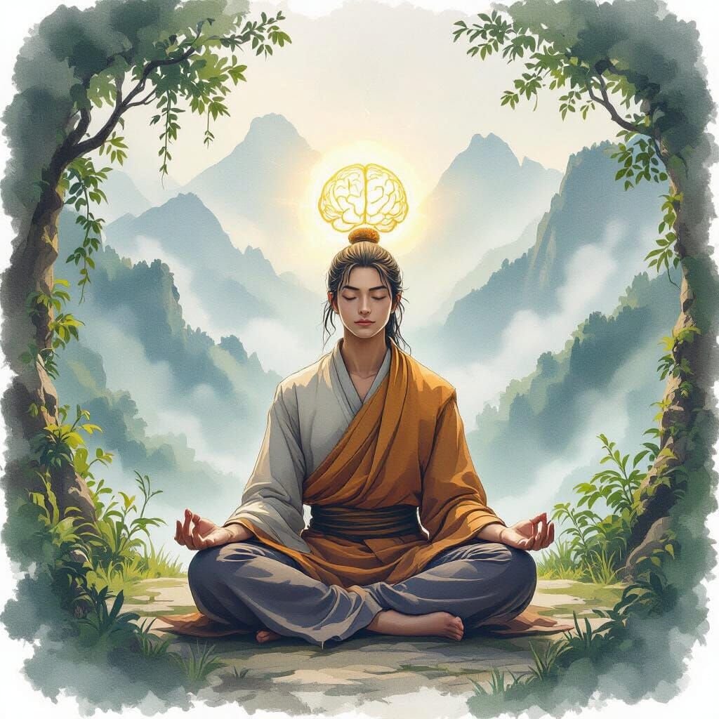 Meditating Figure with Glowing Brain in Nature