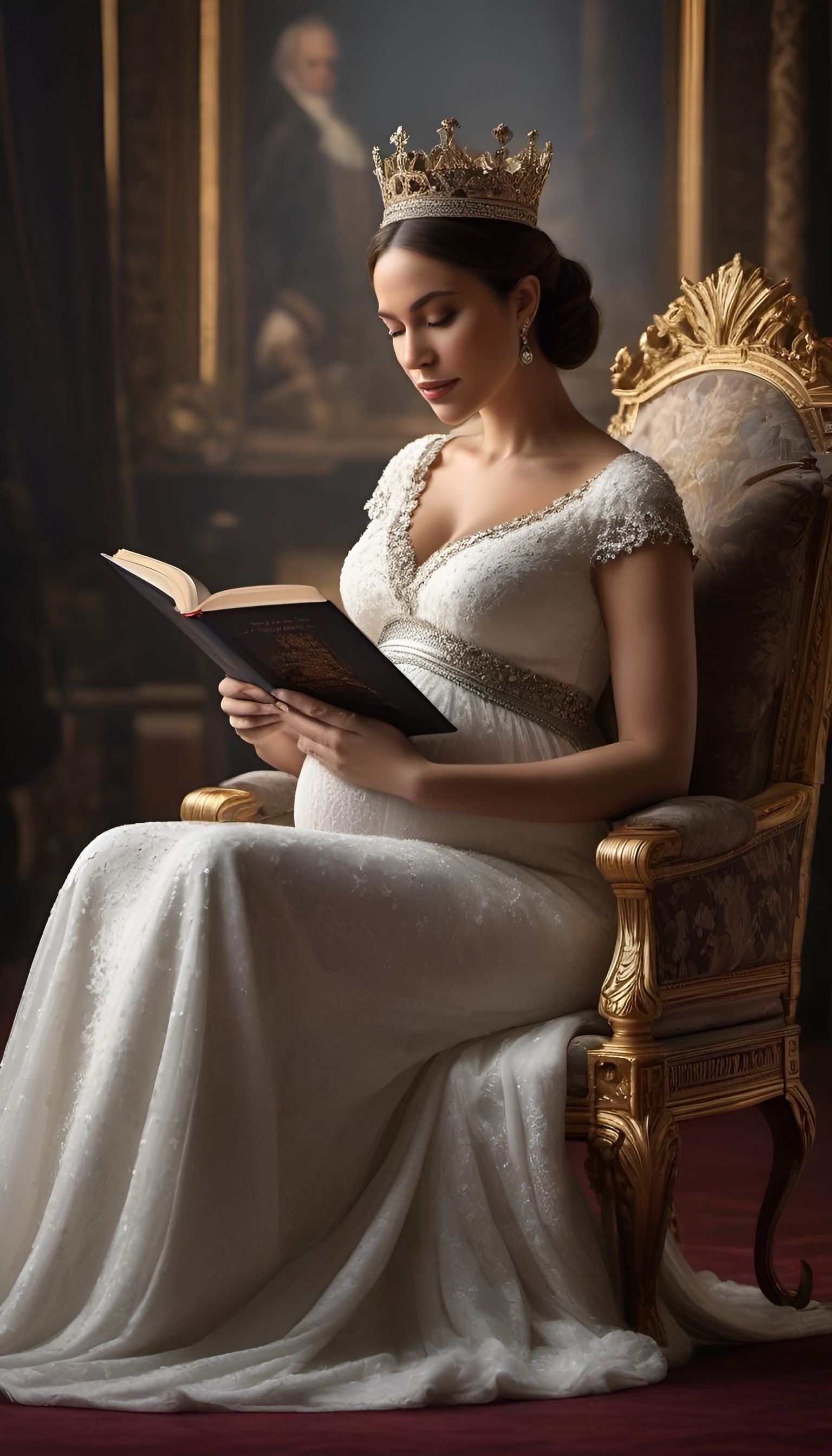 Elegant Pregnant Queen Reading a Book in 8k