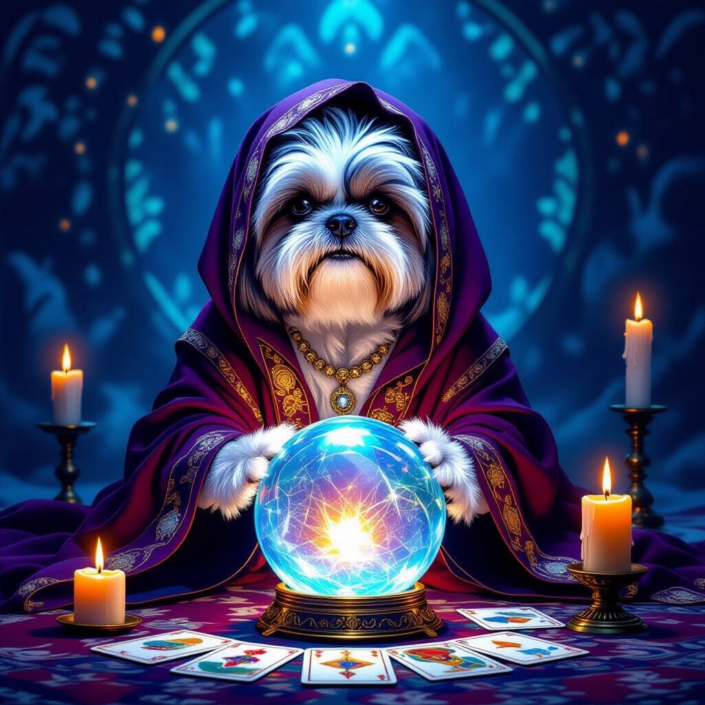 Mystical Shih Tzu Fortune Teller in Hyperrealistic Style