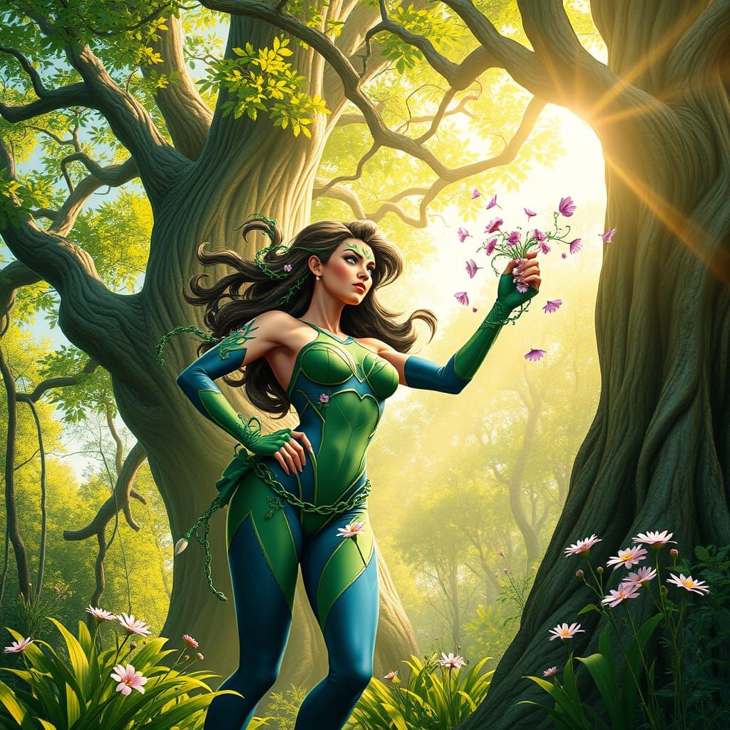 Ethereal Female Superhero Unleashes Floral Power in a Vibran...