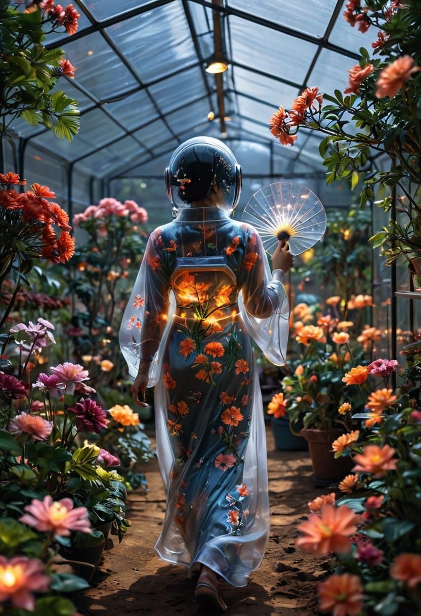 Exotic Alien Beauty Strolls a Martian Greenhouse