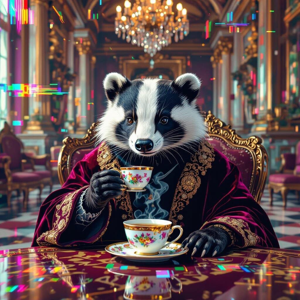 Glitch Art: Badger Sipping Tea in Grand Hall