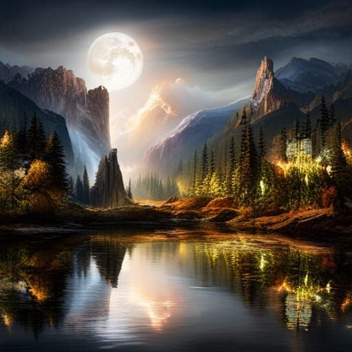 Angelic Descent on Forest Lake: Fantasy Art