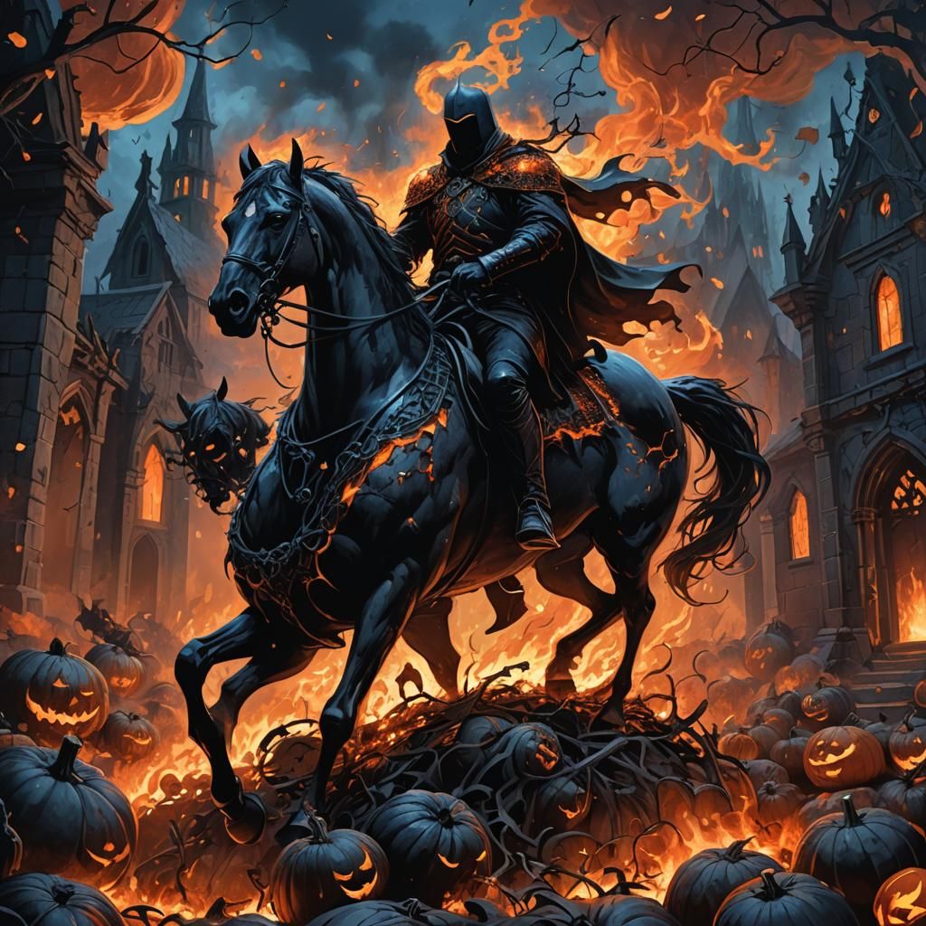 Headless Horseman in Burning Chapel: Dark Fantasy Art