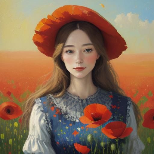 Poppy Lady in Impressionist Impasto Painting
