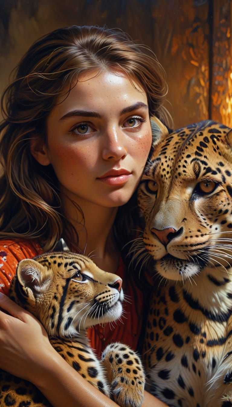 Girl with Leopard in Hyperrealistic Oil Painting