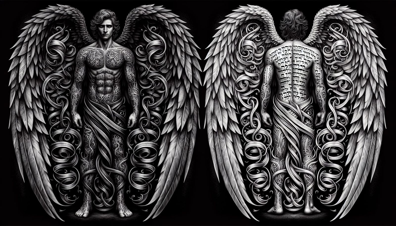 A black-and-white tattoo covering both the back and front of...