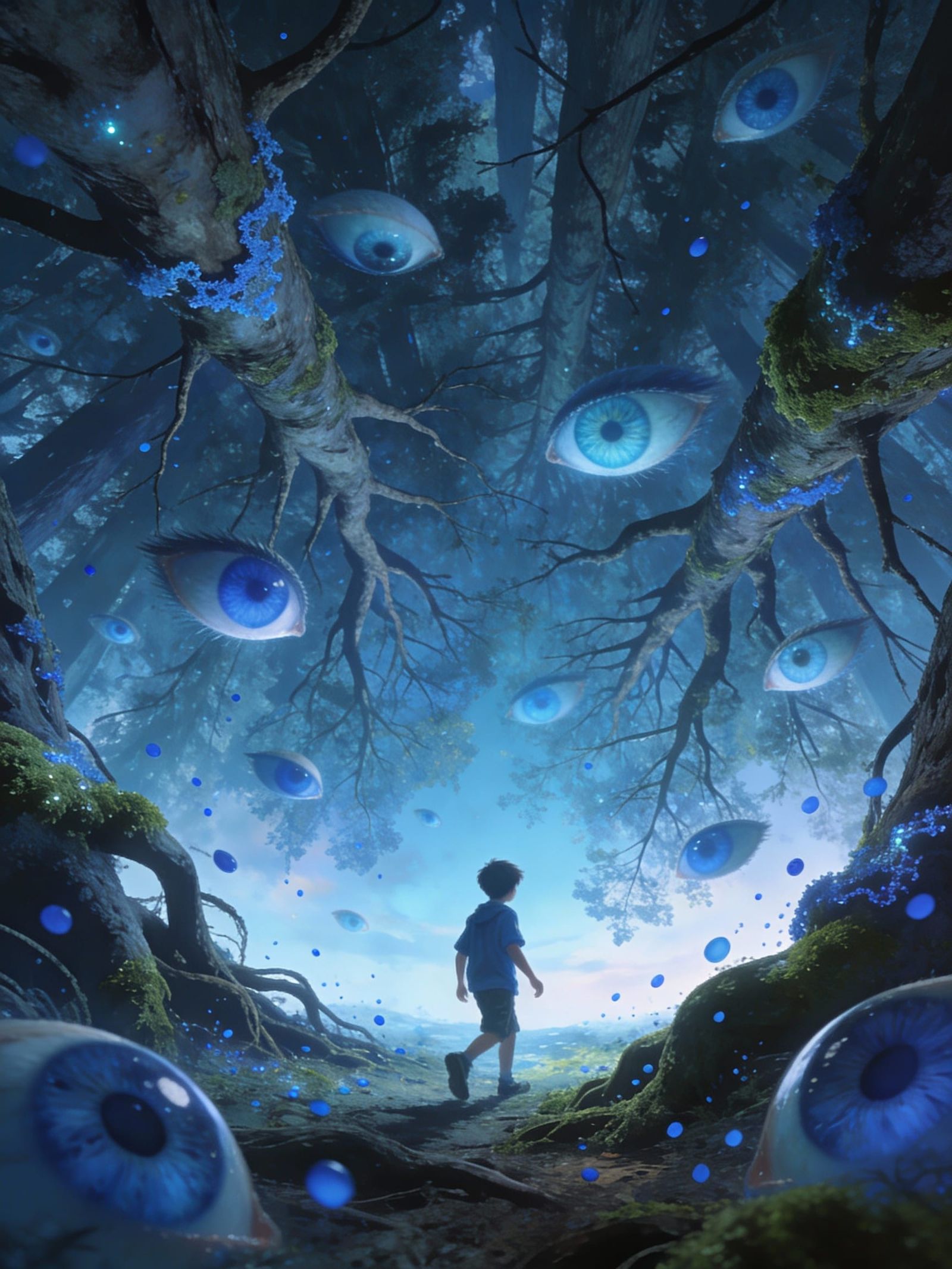 Surreal Upside Down Forest With Floating Eyes