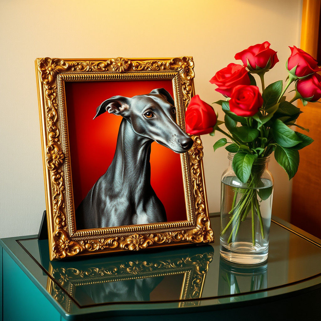 Greyhound Portrait in Ornate Frame, Photorealistic Style