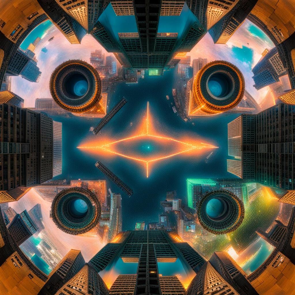 Dystopian Neon City with Bottomless Pit: Fisheye View
