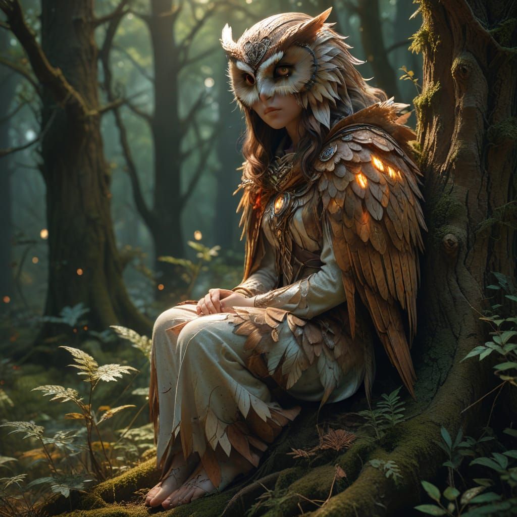 Owl Sorceress in Magical Wood: Anime-Inspired 3D Art