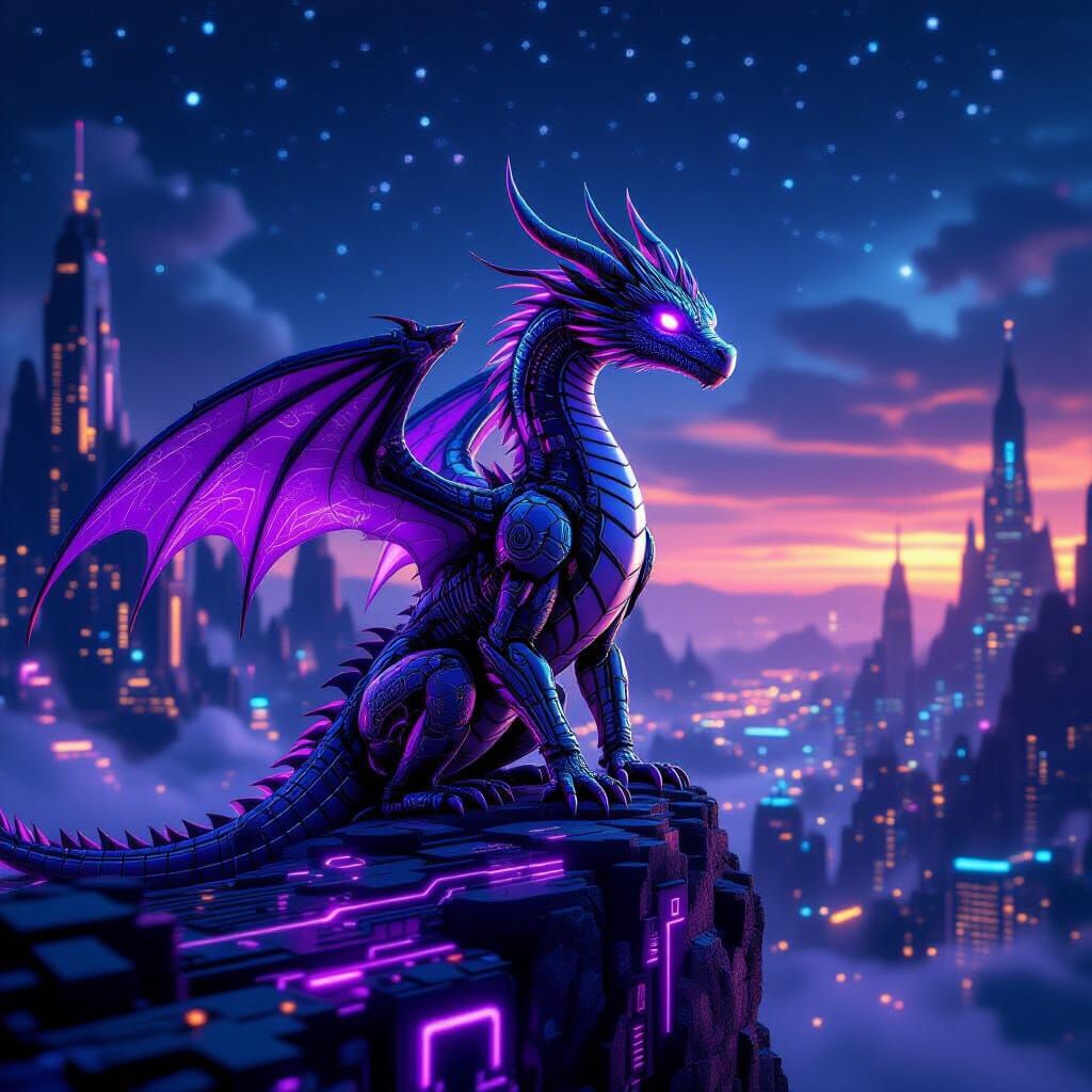 Cybernetic Dragon Over Electronic World