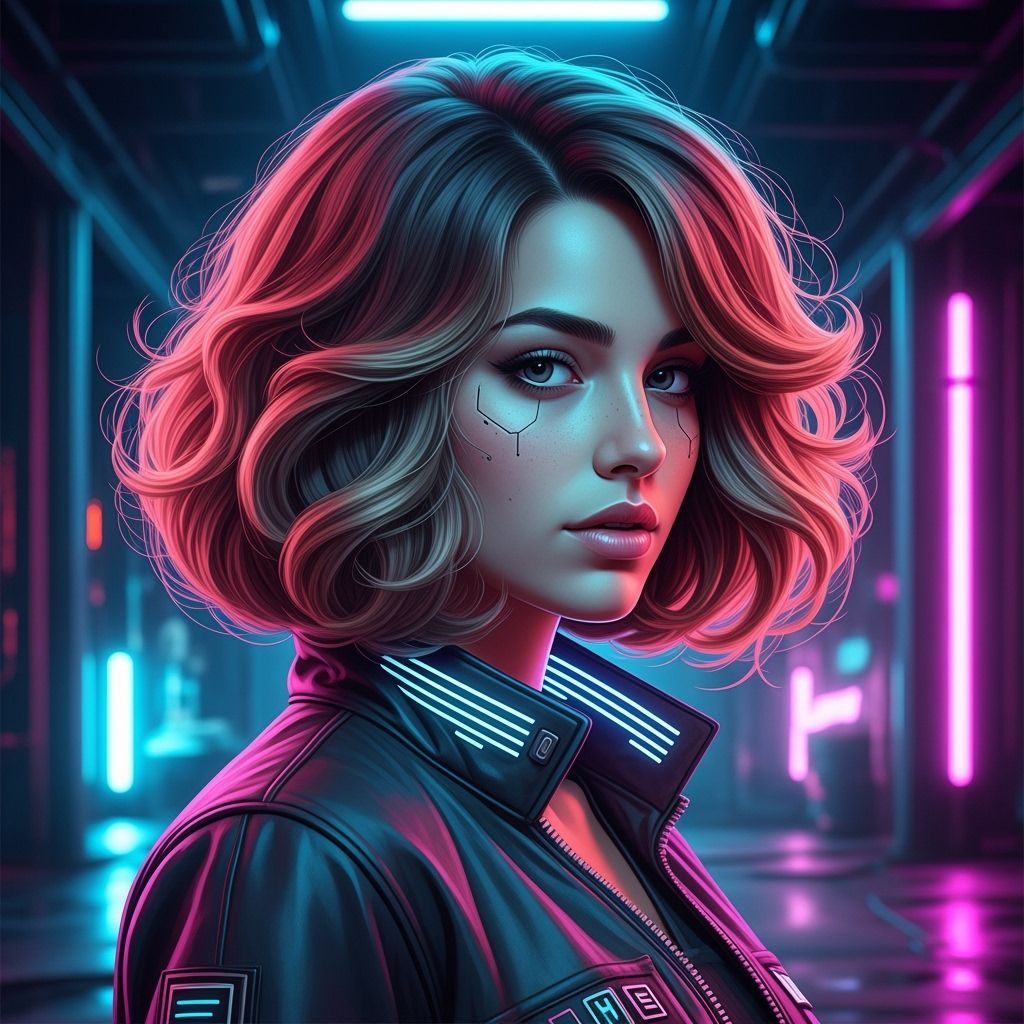 Cyberpunk Woman with Voluminous Neon-Lit Bob