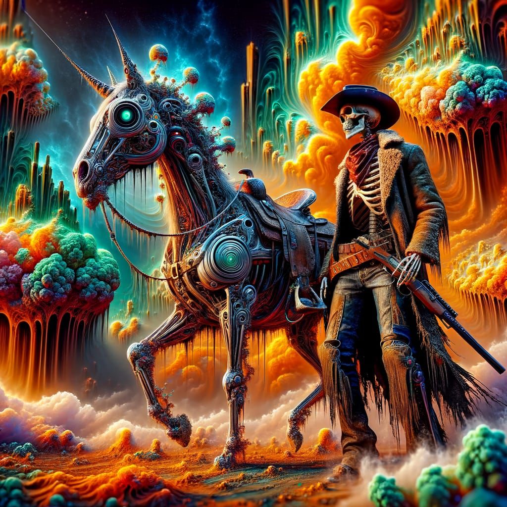 Surreal Cowboy Skeleton Rides Psychedelic Fractal Horse in C...