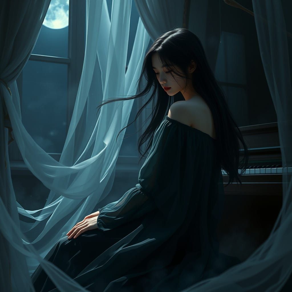 Ethereal Woman Plays Piano in Moonlit Room