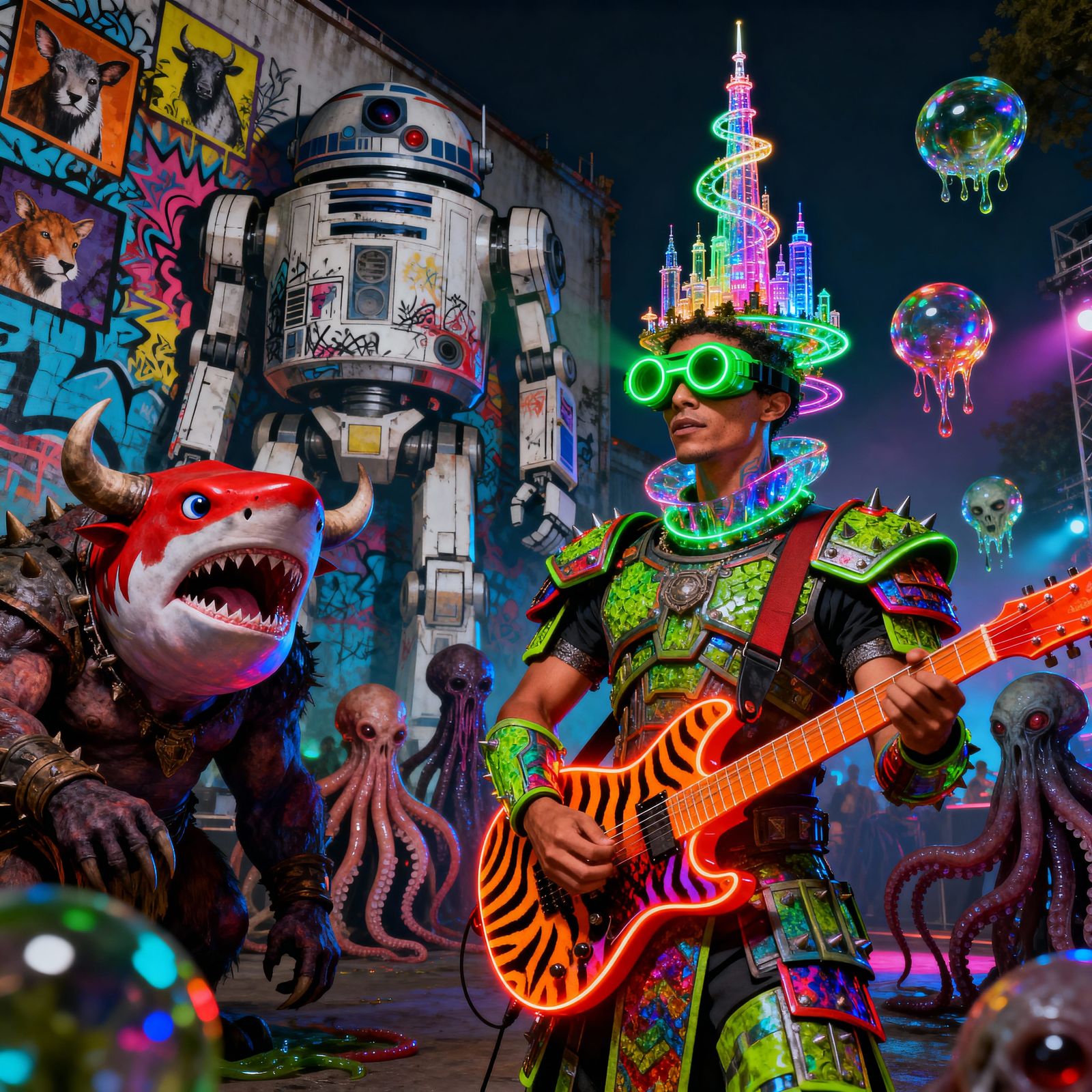 Raver God with Neon Metropolis and Electric Guitar