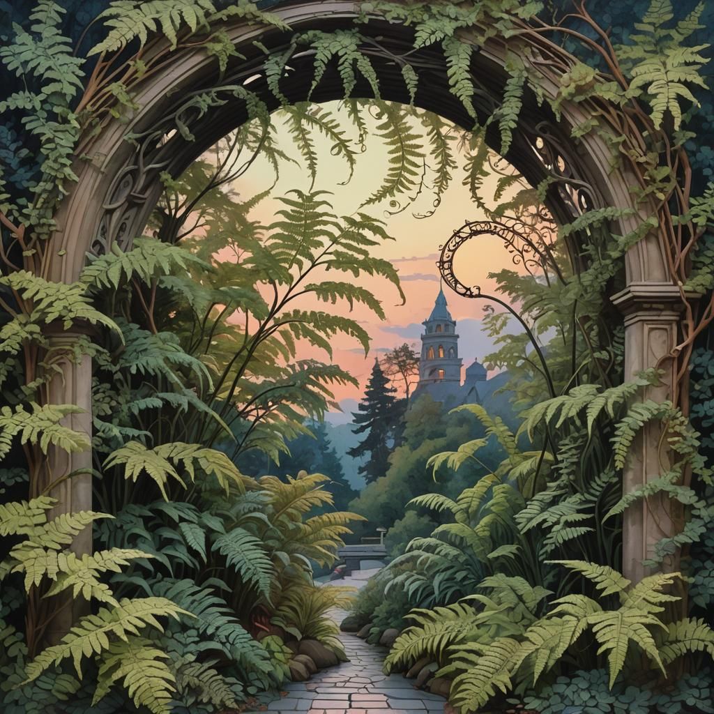 Art Nouveau Ferns Entwined Over Twilight Arch