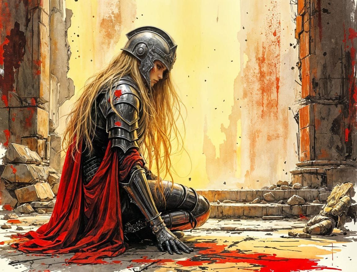 Female Paladin Kneeling at Ruined Altar, Ink Drawing