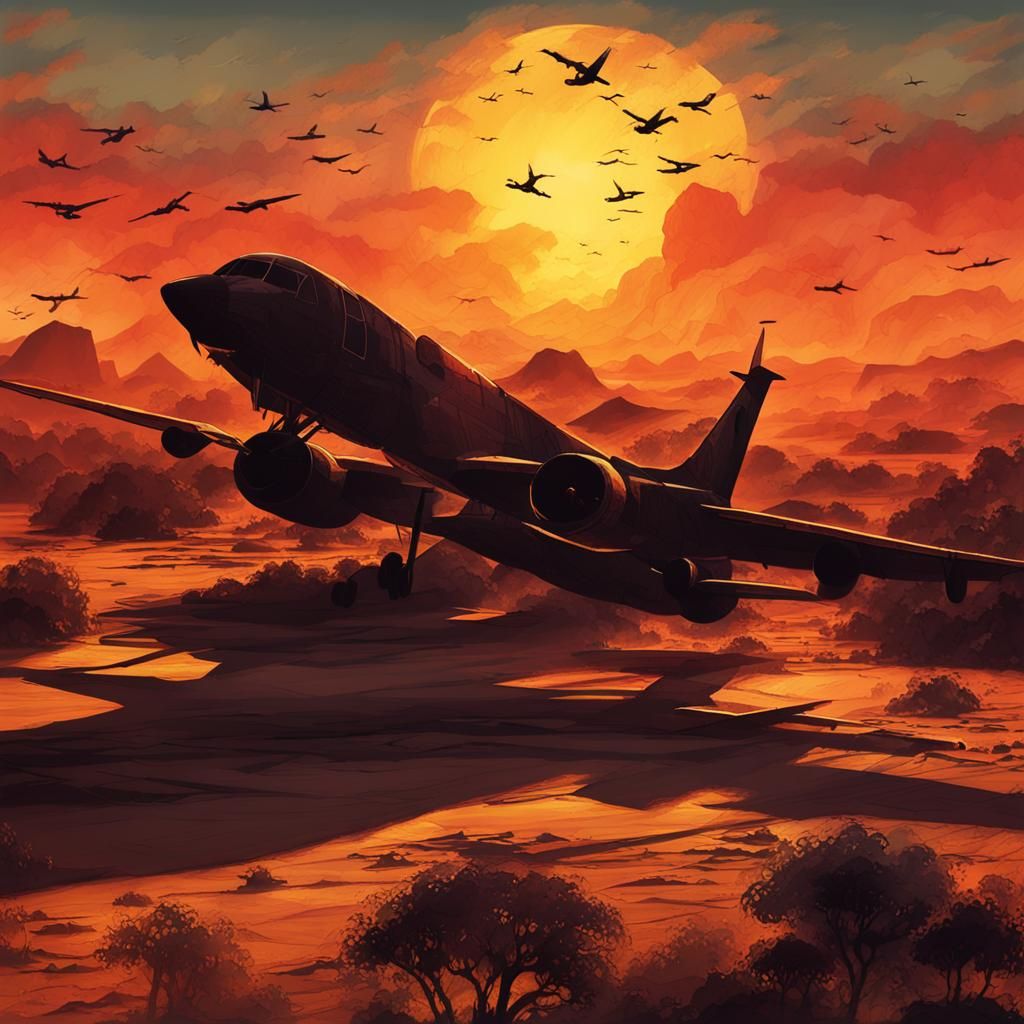 Intricate Sunset Landscape in European Modern Ink Painting S...