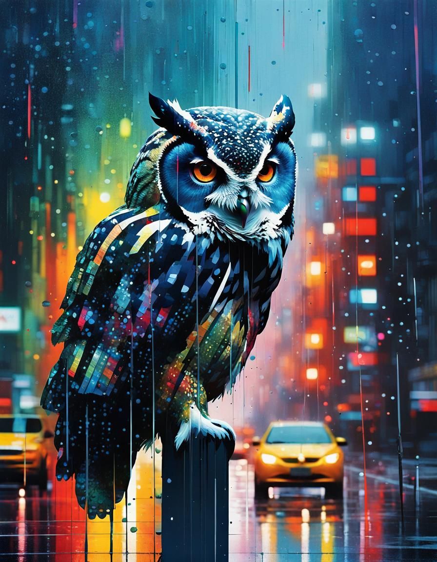 Owl Double Exposure in Urban Matrix Style