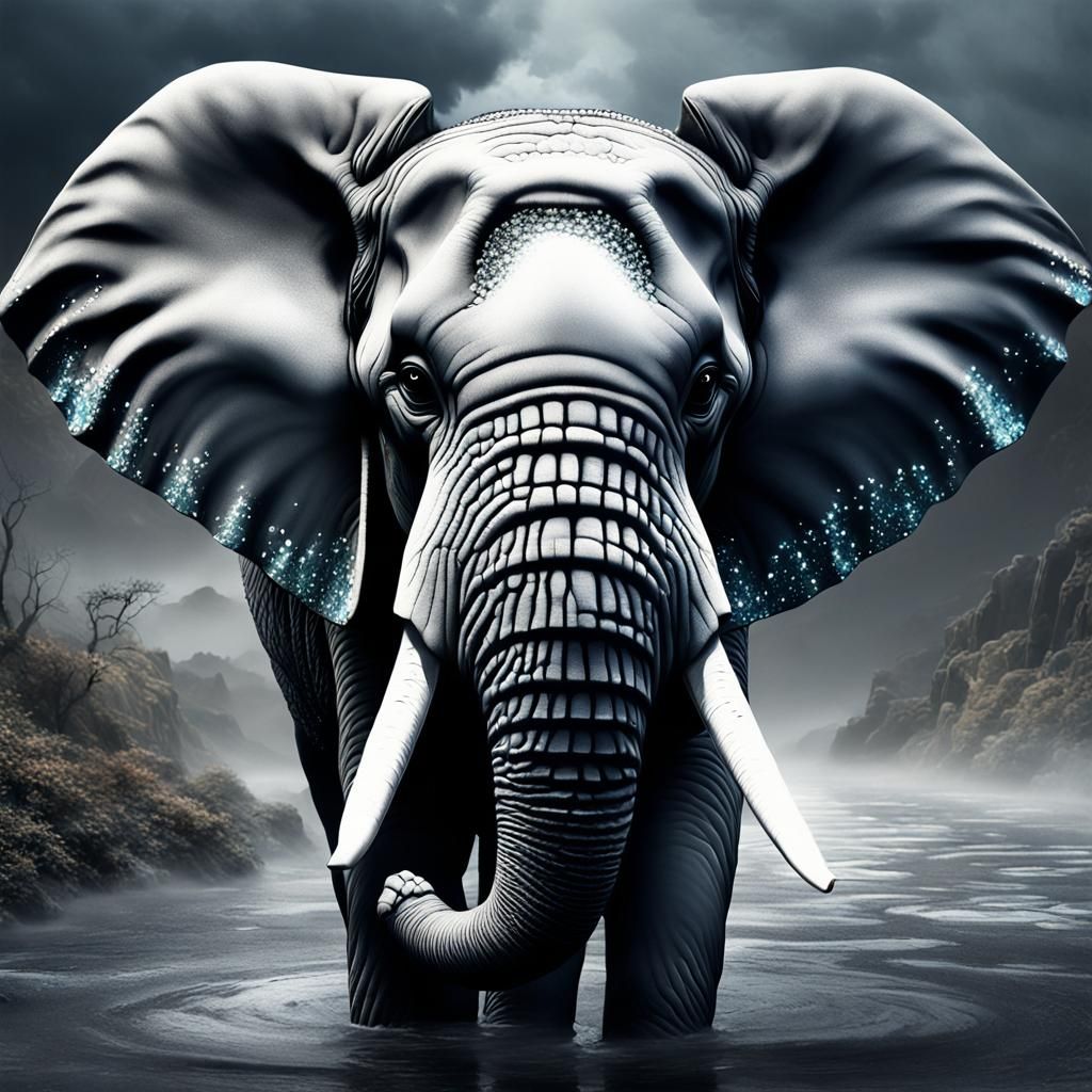 Hyper-Realistic Grey Elephant in Mystic Crystal Art