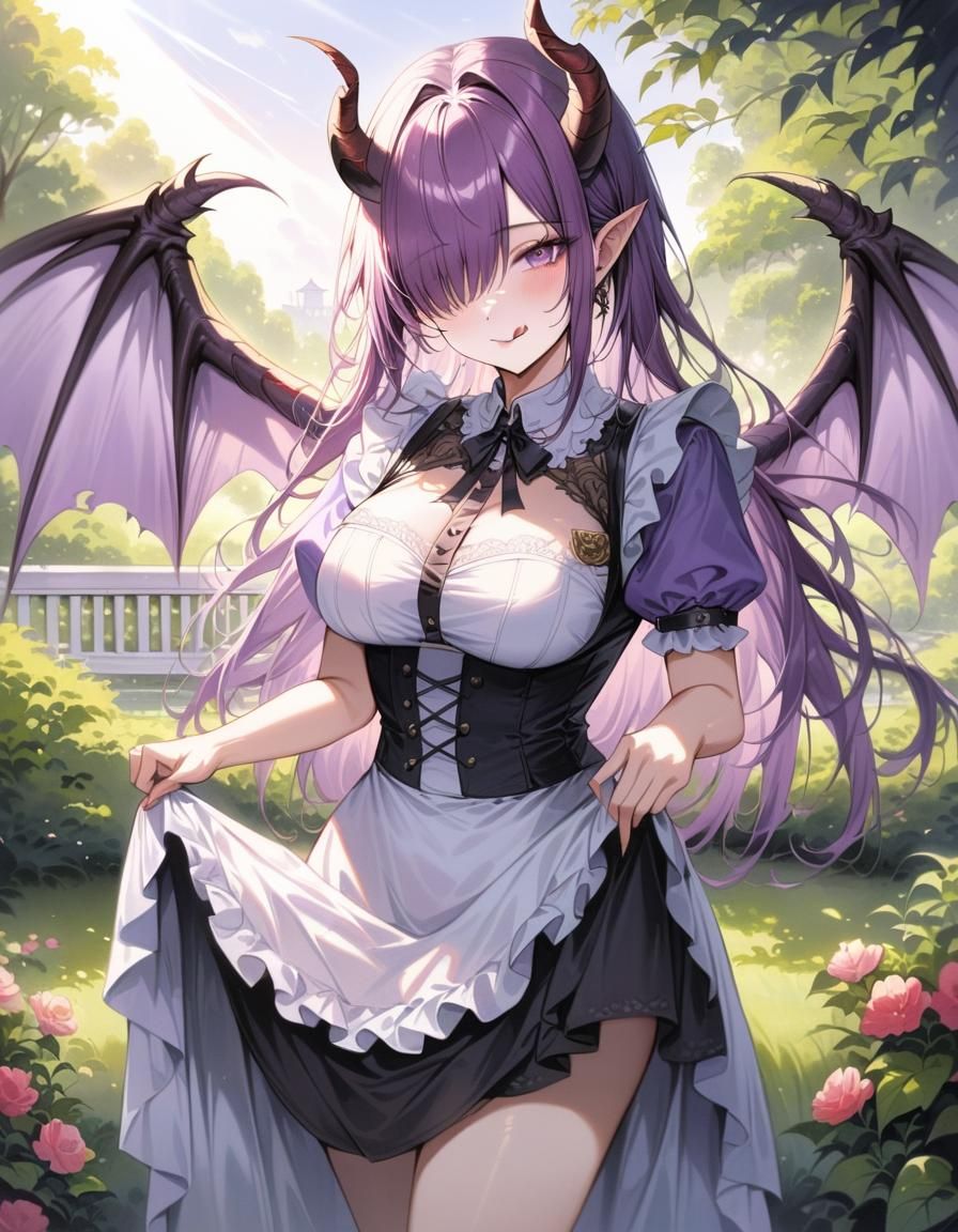 Dragongirl Maid in Garden: Impressionist Watercolour Art