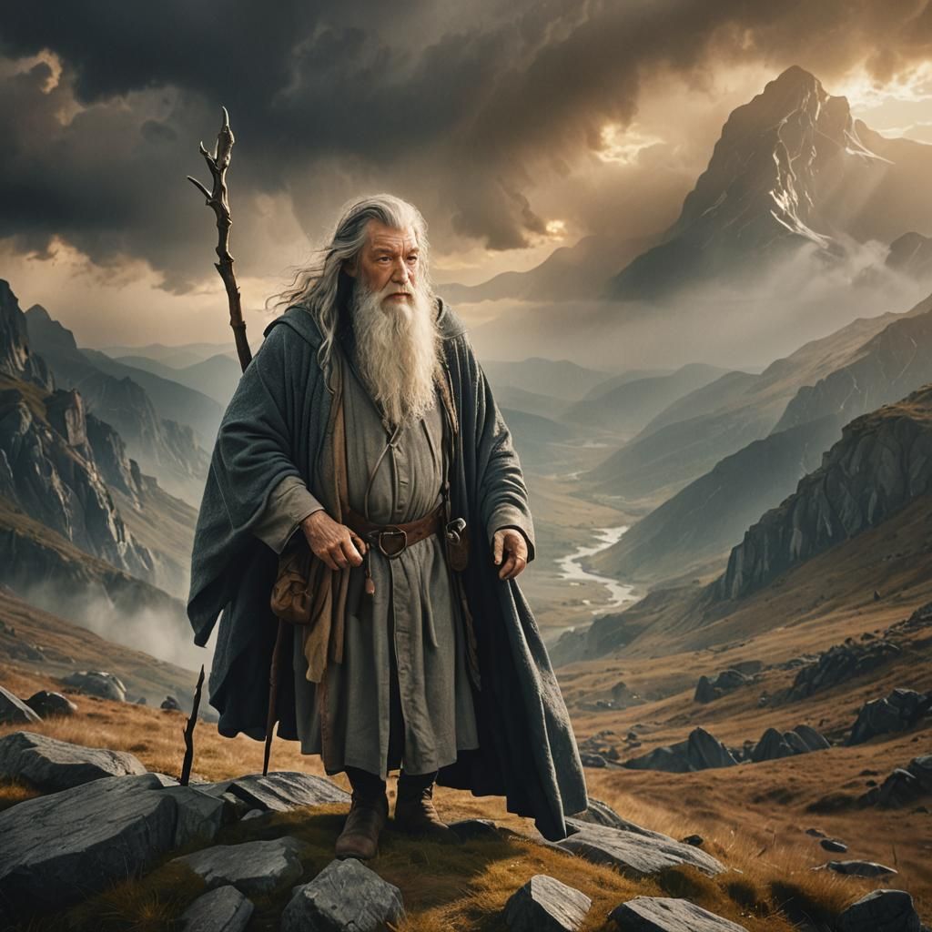 Gandalf in Misty Mountains: Cinematic Film Still