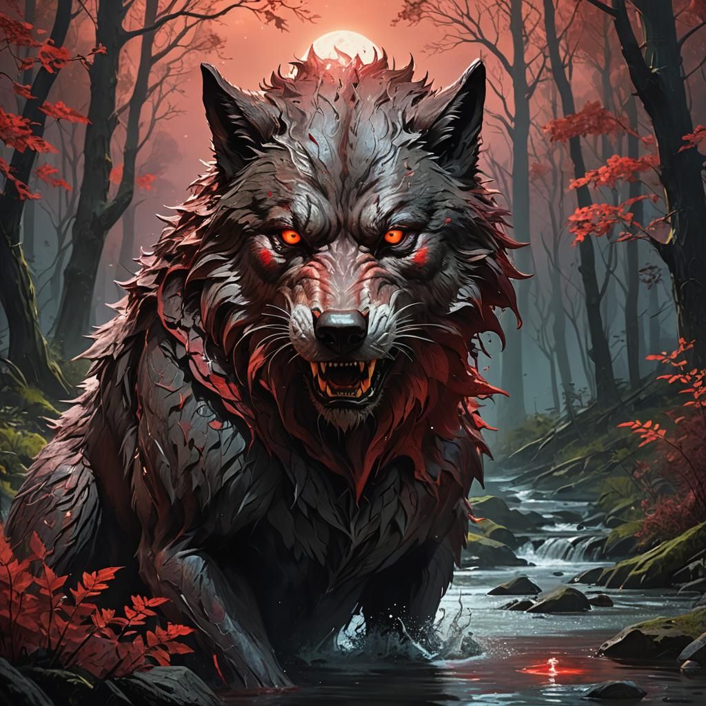Hyperrealistic Werewolf in Forest by Red Moon