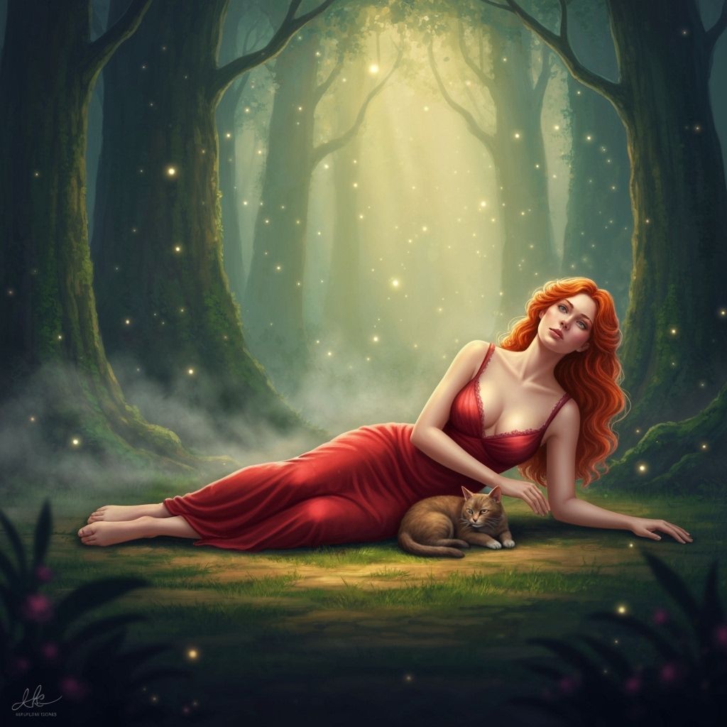 Ginger Haired Woman in Red Dress in Enchanted Forest