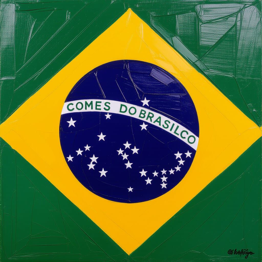 Vibrant Oil Painting of Brazilian Flag in Impasto Style