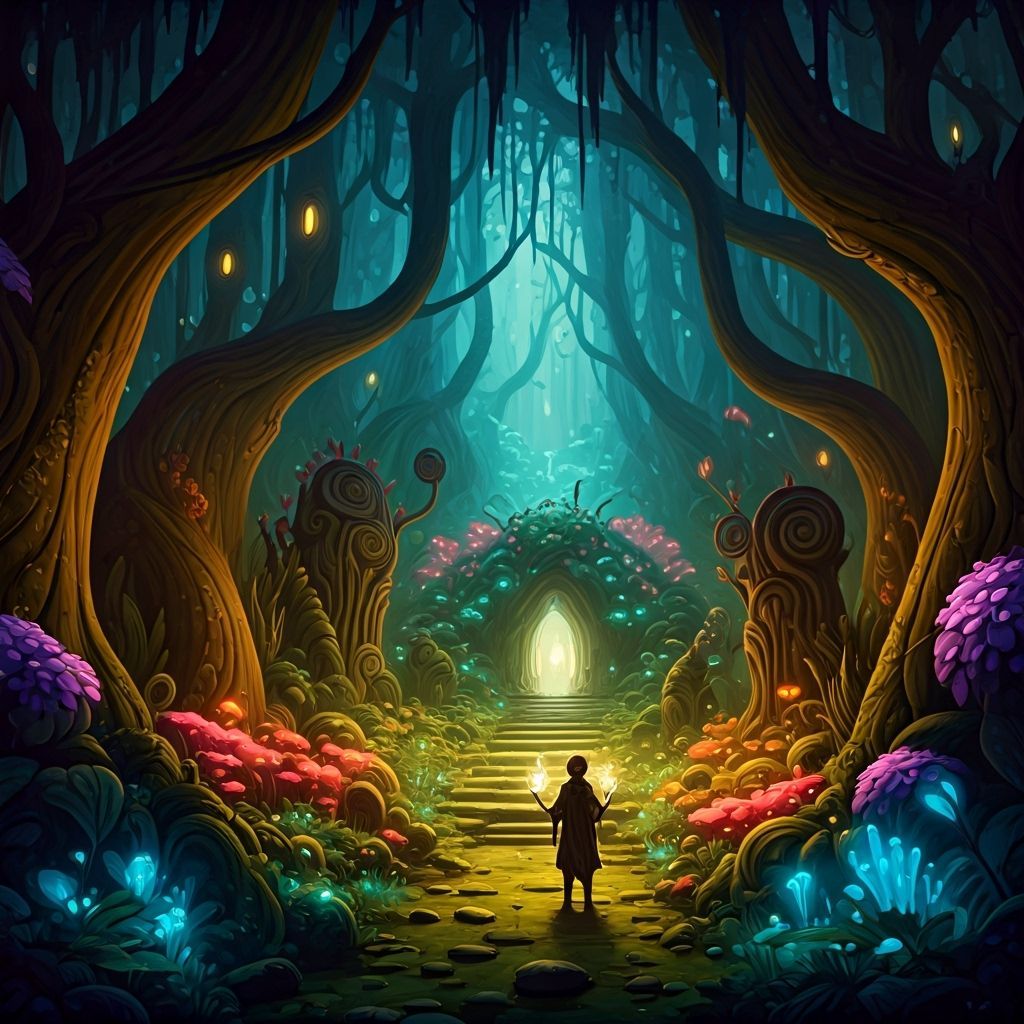 Bioluminescent Forest Protected by Druid, Fantasy Art