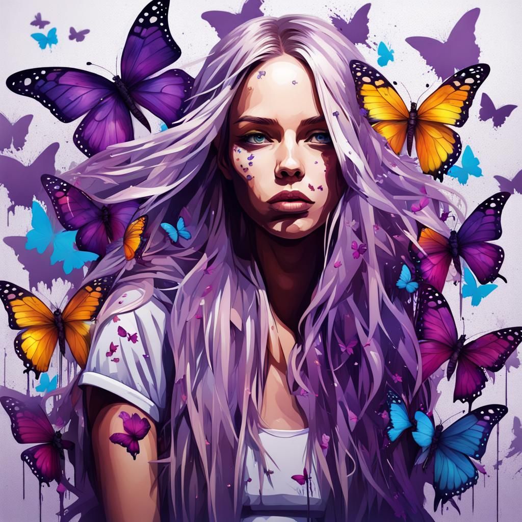 Girl with Butterflies in Graffiti Street Art