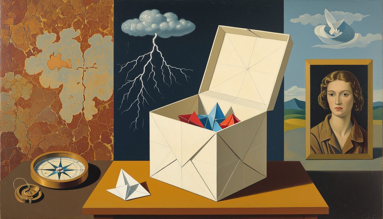 Surreal Origami Box with Compass in Thunderstorm