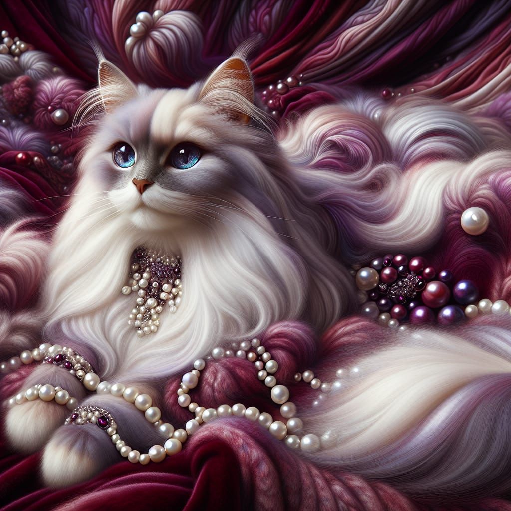 Opalescent Cat Lounging on Velvet, Matte Painting