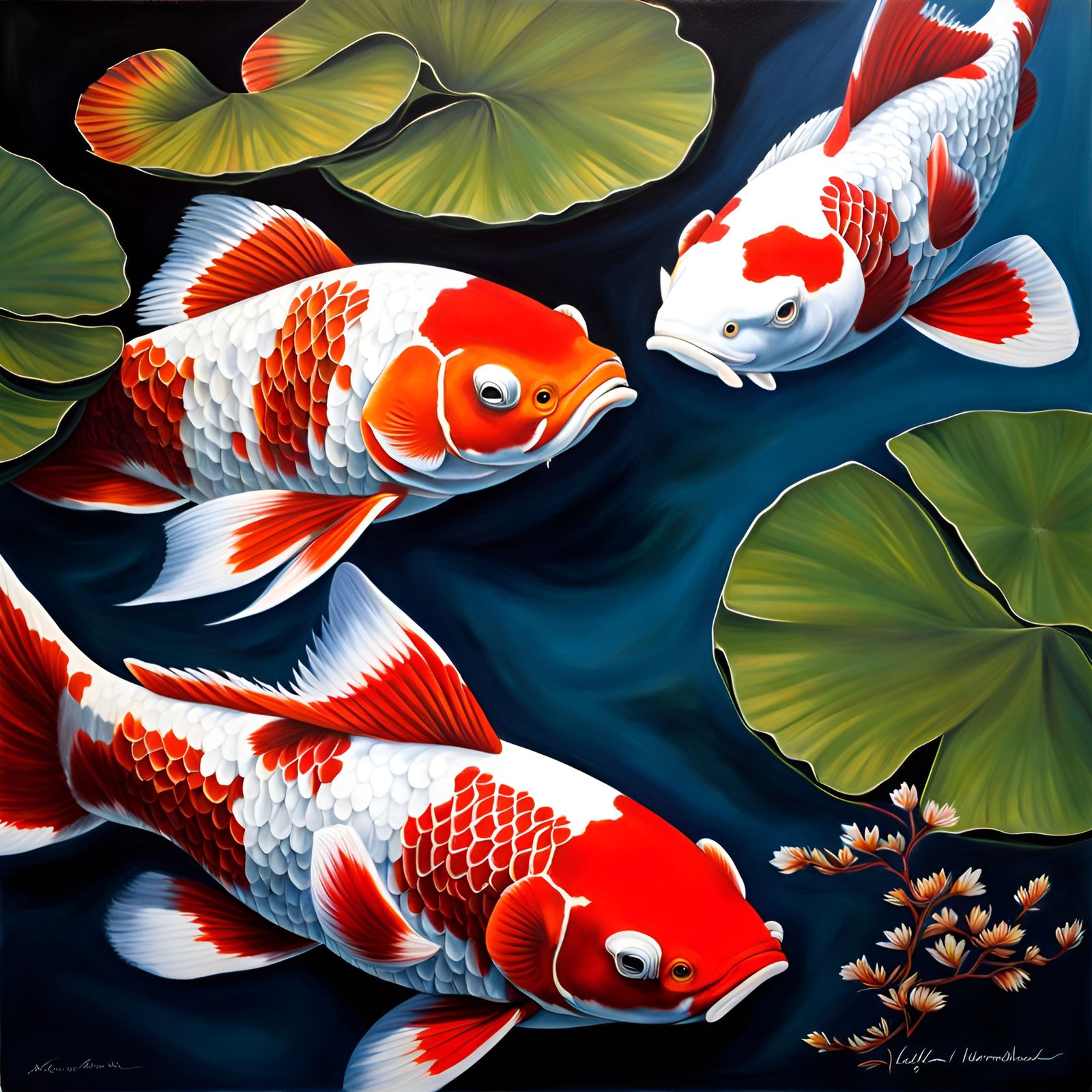 Red and White Koi in Japanese Pond