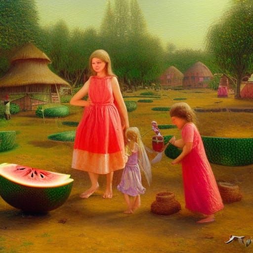 Watermelon Village with Fairy Workers: Oil Painting