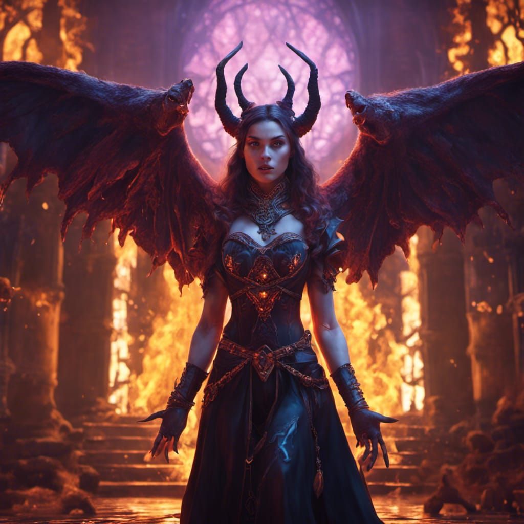 Sorceress Summons Demon Girl: Detailed Fantasy Art